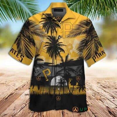 Vintage Aloha MLB Pittsburgh Pirates Hawaiian Shirt Poetic View Of Tropical Palm Trees Pattern At Sunset Beach Lovers Gift