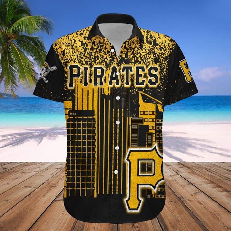 MLB Pittsburgh Pirates Hawaiian Shirt Basic Skycrapers Under Glowing Fireworks Hawaiian Summer Gift For MLB Fans