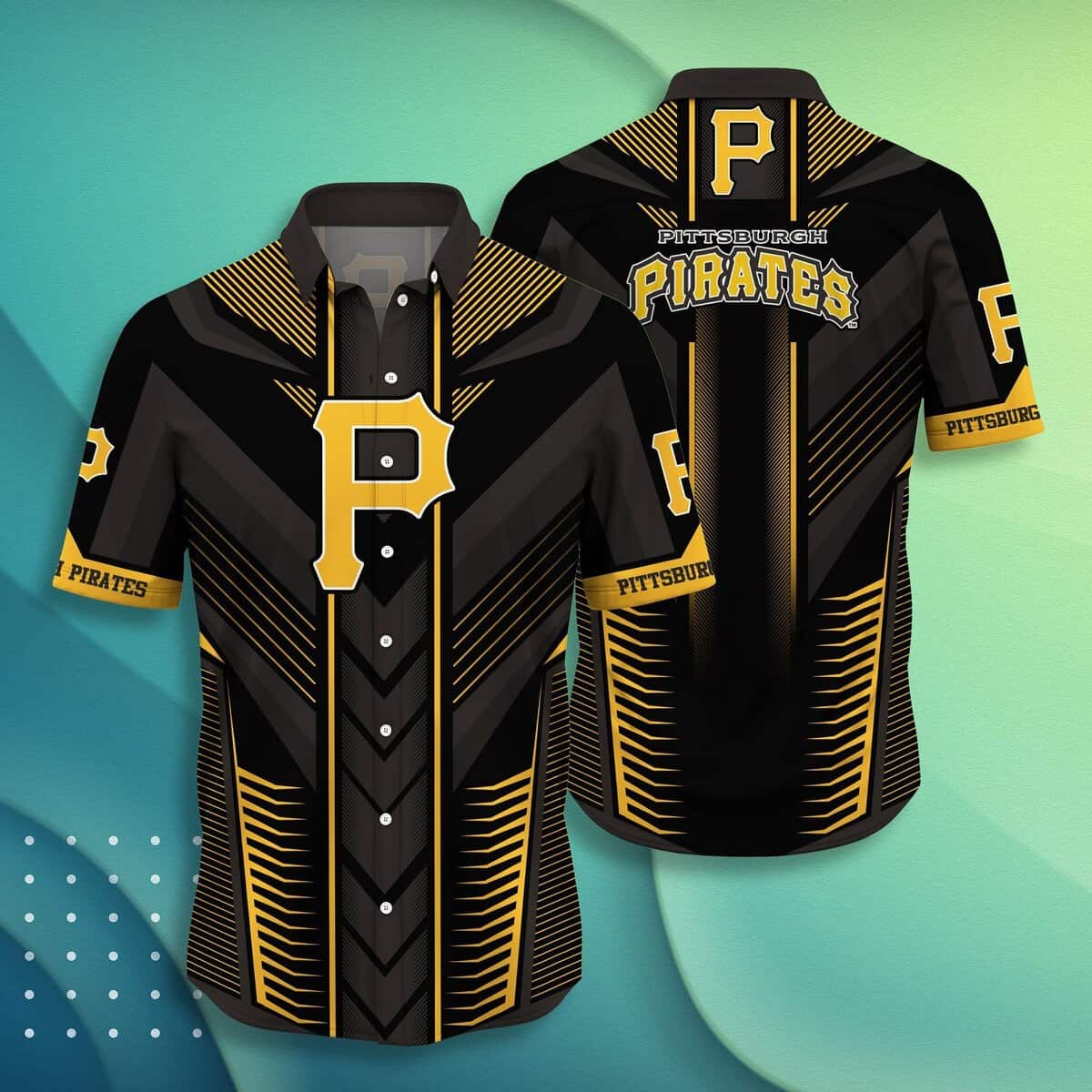 Unique MLB Pittsburgh Pirates Hawaiian Shirt Simple White Geometric Pattern On Black Main Theme Hawaiian Gift For Speed Lovers