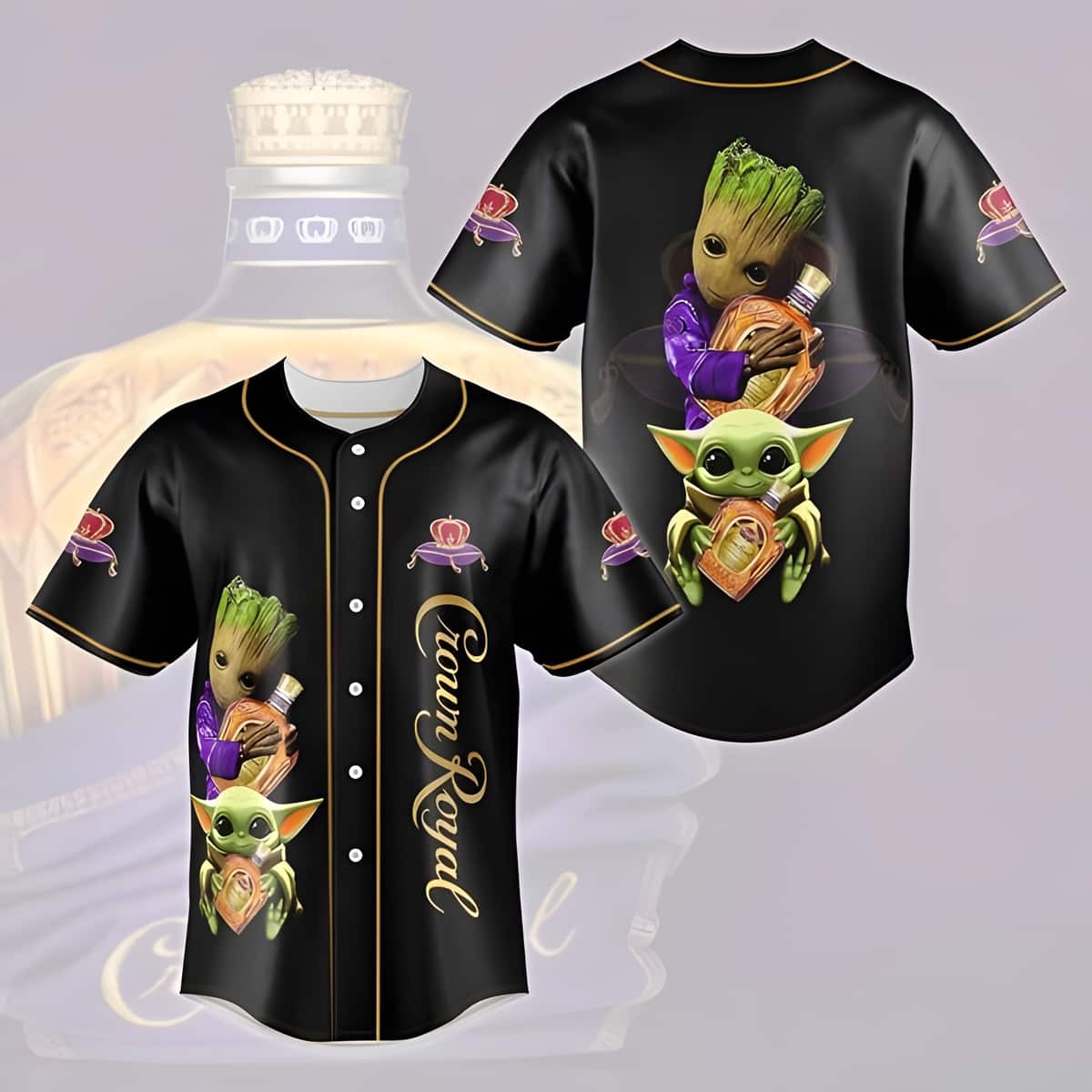 Black Crown Royal Baseball Jersey Groot And Baby Yoda Gift For Drinking Friends