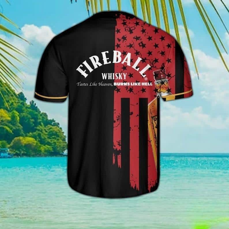 Fireball Baseball Jersey Tastes Like Heaven Burns Like Hell US Flag Gift For Whisky Lovers