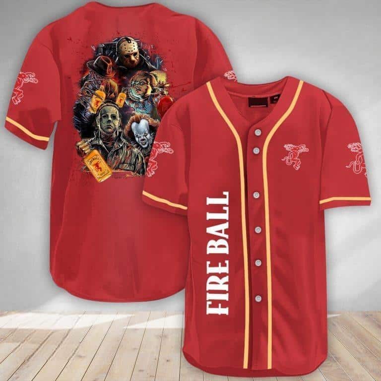 Fireball Baseball Jersey With Michael Myers It Jason Voorhees Freddy Krueger Chucky Gift For Whisky Lovers