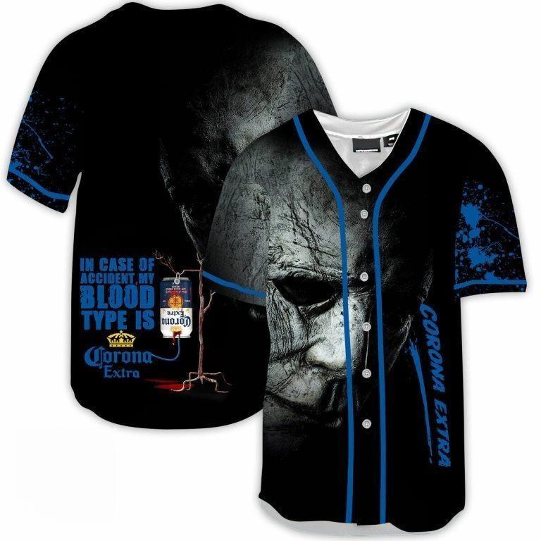 Horror Michael Myers In Case Of Accident My Blood Type Is Corona Extra Baseball Jersey Beer Lovers Gift