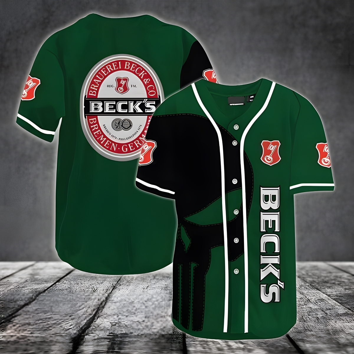 Green Beck's Baseball Jersey Black Skull Gift For Boyfriend