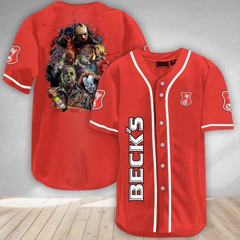 Red Beck’s Baseball Jersey Michael Myers IT Jason Voorhees Freddy Krueger Chucky Gift For Friendship