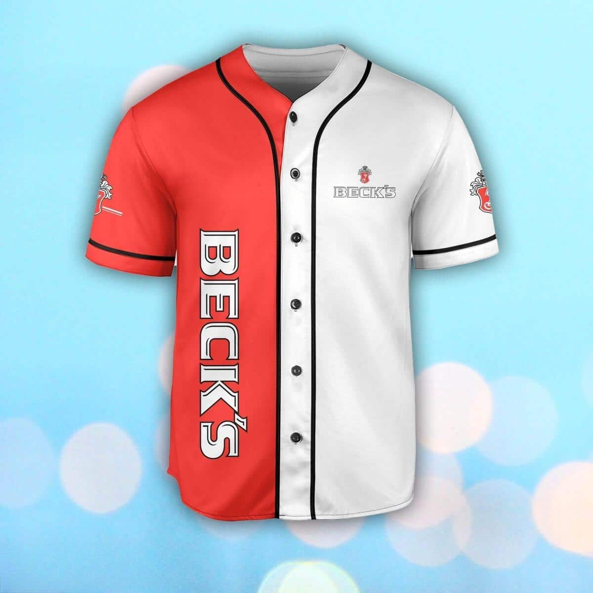 Red And White Split Beck’s Baseball Jersey Gift For Beer Lovers