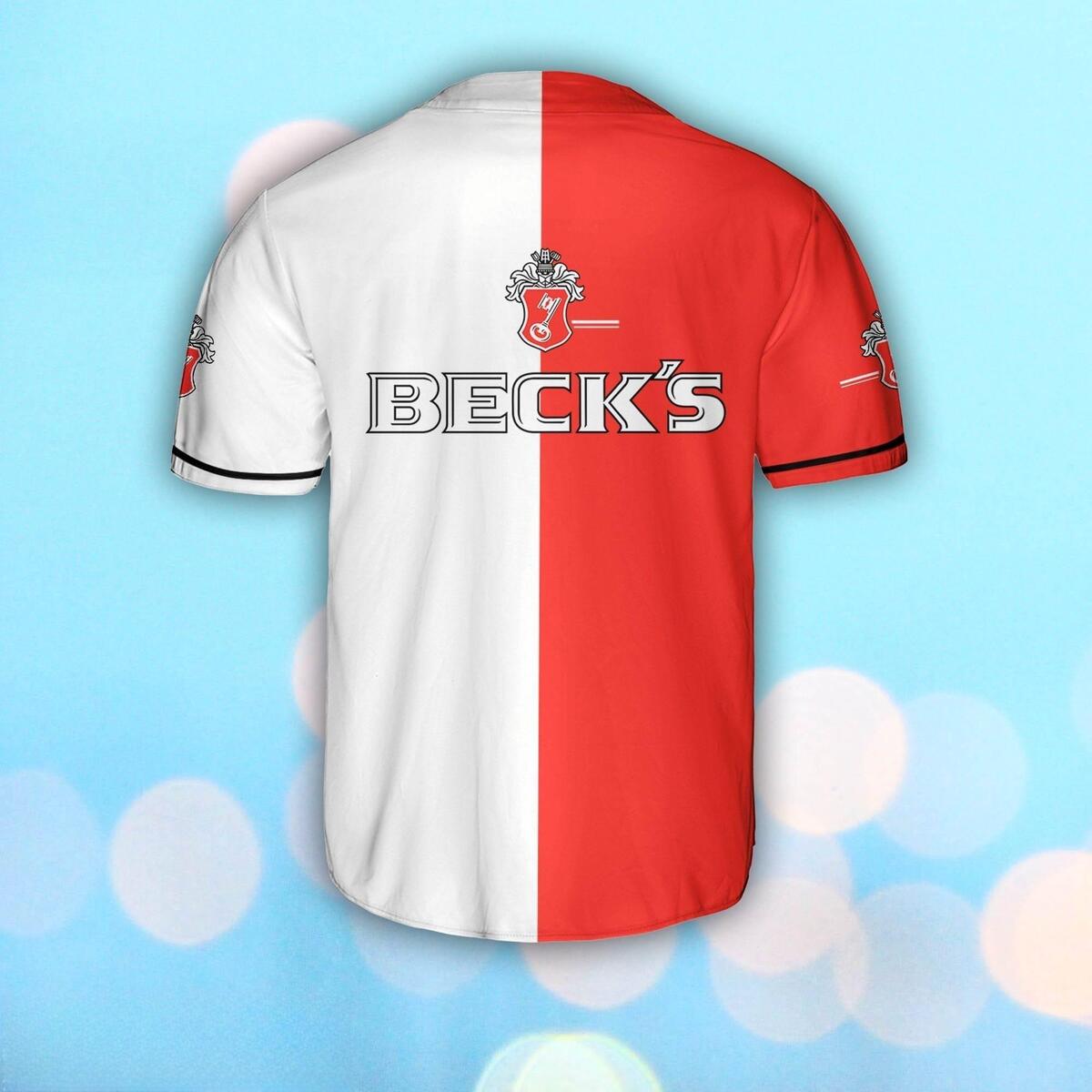 Red And White Split Beck’s Baseball Jersey Gift For Beer Lovers