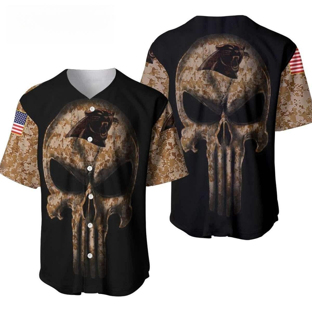 Carolina Panthers Baseball Jersey Camouflage Skull USA Flag Gift For NFL Fans