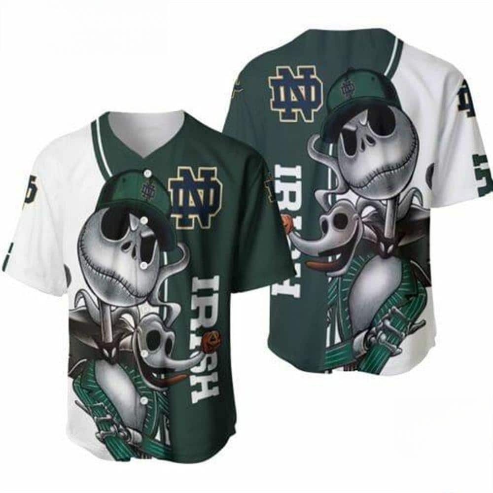 White And Green NCAA Notre Dame Baseball Jersey Jack Skellington And Zero  Gift For Halloween