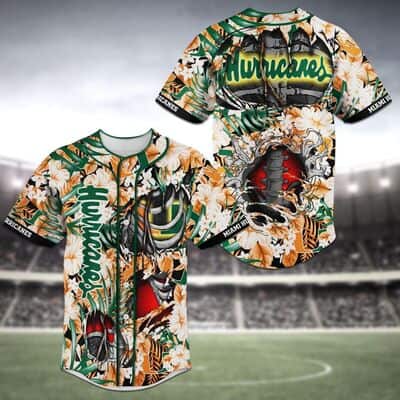 Cool NCAA Miami Hurricanes Baseball Jersey Skeleton And Flowers Gift For Friends