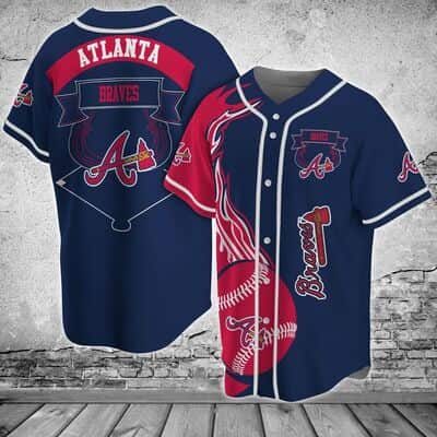 Navy MLB Atlanta Braves Baseball Jersey Flaming Baseball Gift For Him