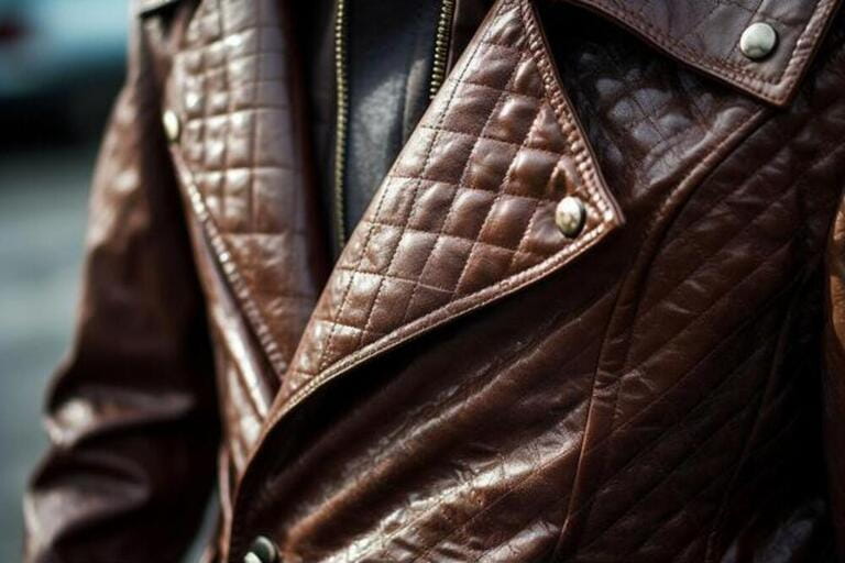 Close up fashion details of dark brown leather classy jacket. Fancy unisex clothing