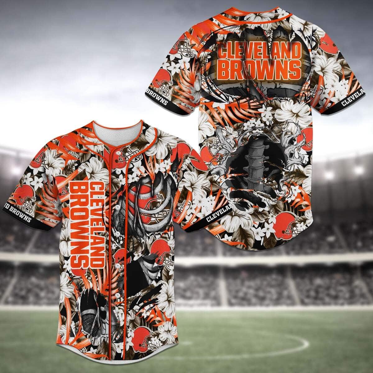 Cool NFL Cleveland Browns Baseball Jersey Skeleton And Flowers Gift For Fans