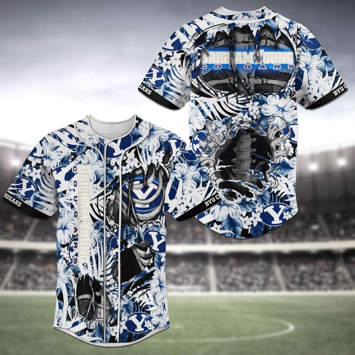 Cool NFL BYU Cougars Baseball Jersey Skeleton Tropical Flower Gift For Father-In-Law
