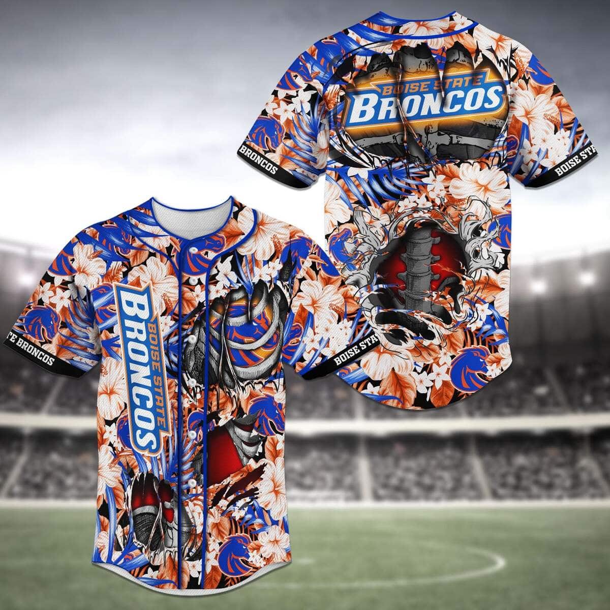 Cool NCAA Boise State Broncos Baseball Jersey Skeleton Tropical Flower Best Gift For New Dad