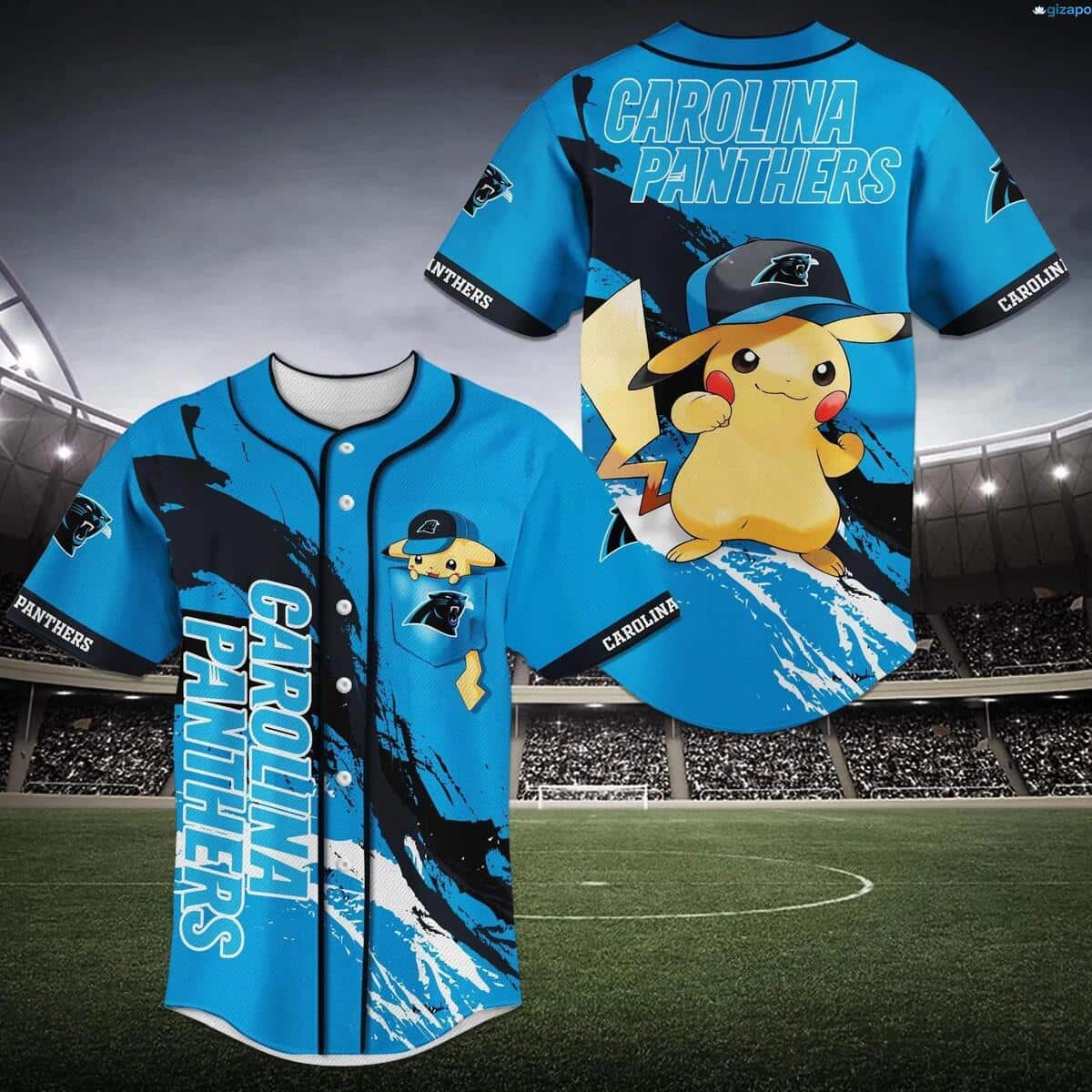 Blue NFL Carolina Panthers Baseball Jersey Pikachu Gift For Football Lovers