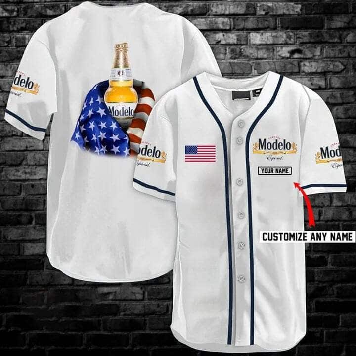 White Modelo Baseball Jersey US Flag Custom Name Gift For Friends