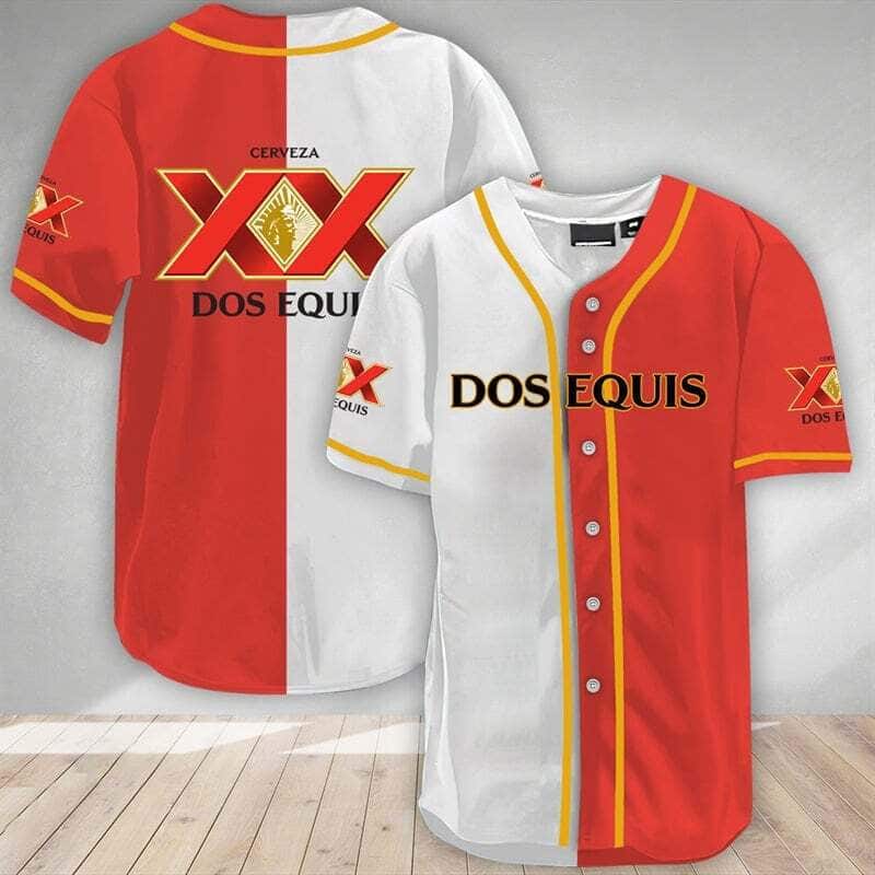 Red And White Split Dos Equis Baseball Jersey Gift For Sports Lovers
