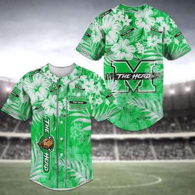 Green NCAA Marshall Thundering Herd Baseball Jersey Tropical Flower Gift For Dad Who Wants Nothing