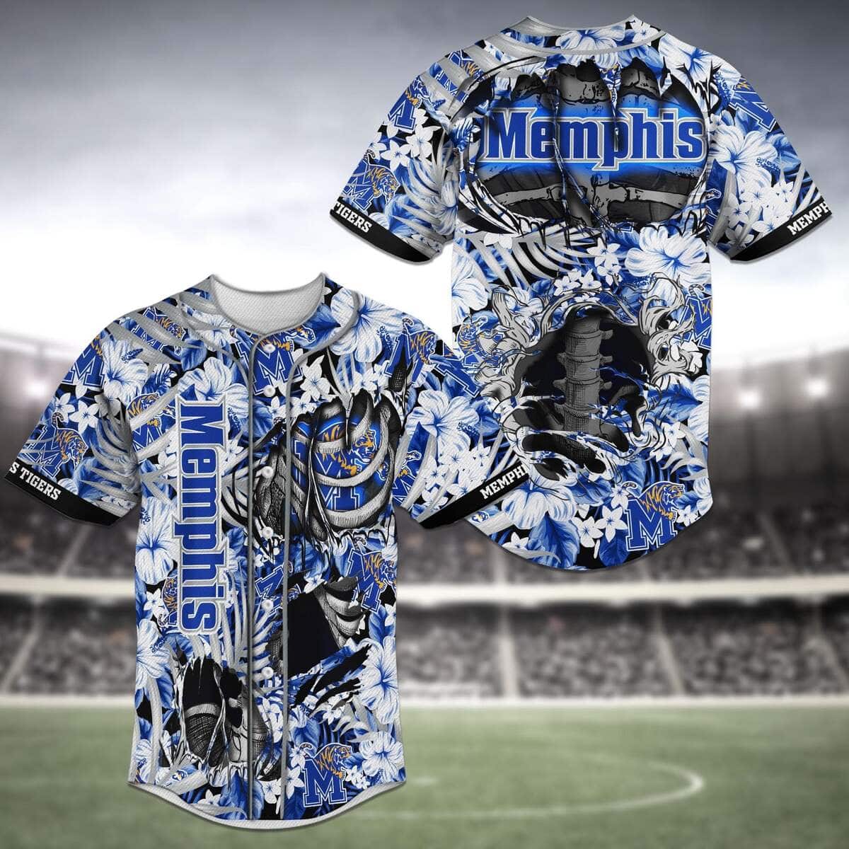 Cool NFL Memphis Tigers Baseball Jersey Skeleton And Flowers Gift For New Grandpa