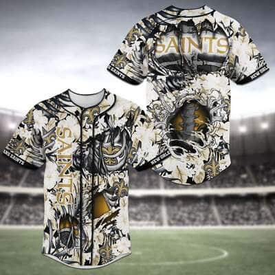 Cool NFL New Orleans Saints Baseball Jersey Skeleton And Flowers Gift For New Grandpa