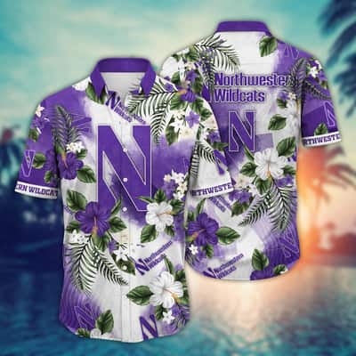 Basic NCAA Northwestern Wildcats Hawaiian Shirt Hibiscus Flowers Gift For Great Dad