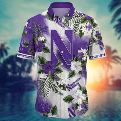 Basic NCAA Northwestern Wildcats Hawaiian Shirt Hibiscus Flowers Gift For Great Dad