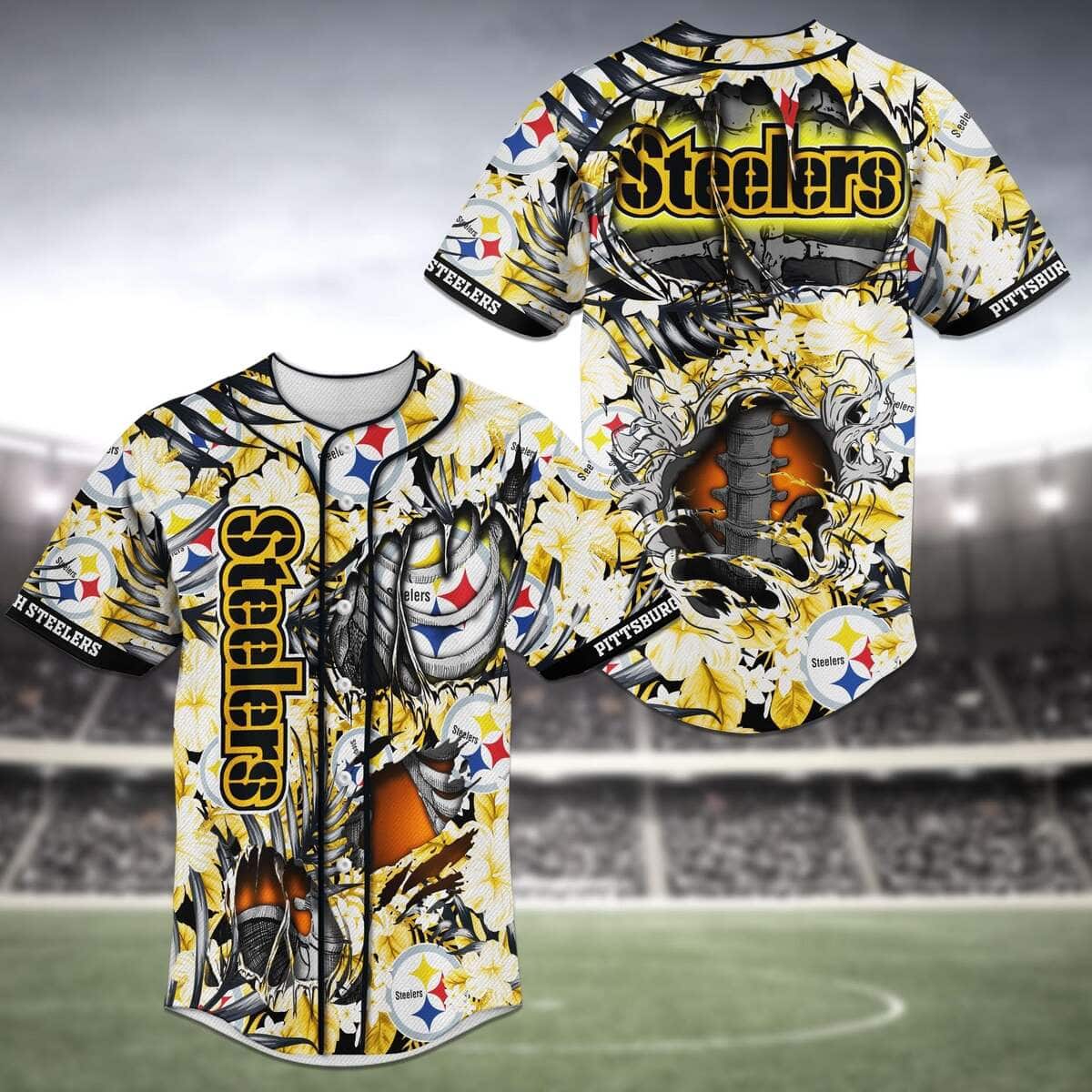Cool NFL Pittsburgh Steelers Baseball Jersey Skeleton And Flowers Gift For  Father-In-Law