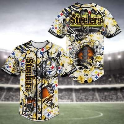 Cool NFL Pittsburgh Steelers Baseball Jersey Skeleton And Flowers Gift For Father-In-Law