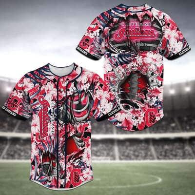 Cool MLB Cleveland Indians Baseball Jersey Skeleton And Flowers Gift For Husband