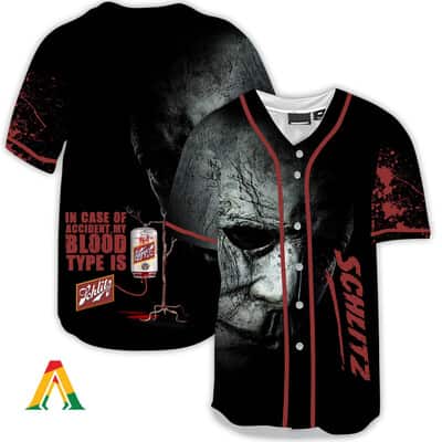 Halloween Michael Myers Baseball Jersey In Case Of Accident My Blood Type Is Schlitz Beer Gift For Fans