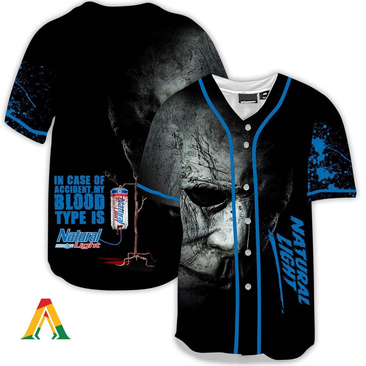 Black Michael Myers Baseball Jersey In Case Of Accident My Blood Type Is Natural Light Gift For Sports Fans