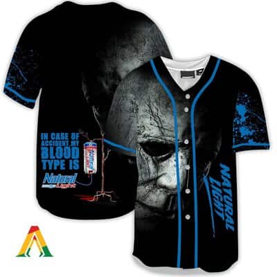Black Michael Myers Baseball Jersey In Case Of Accident My Blood Type Is Natural Light Gift For Sports Fans