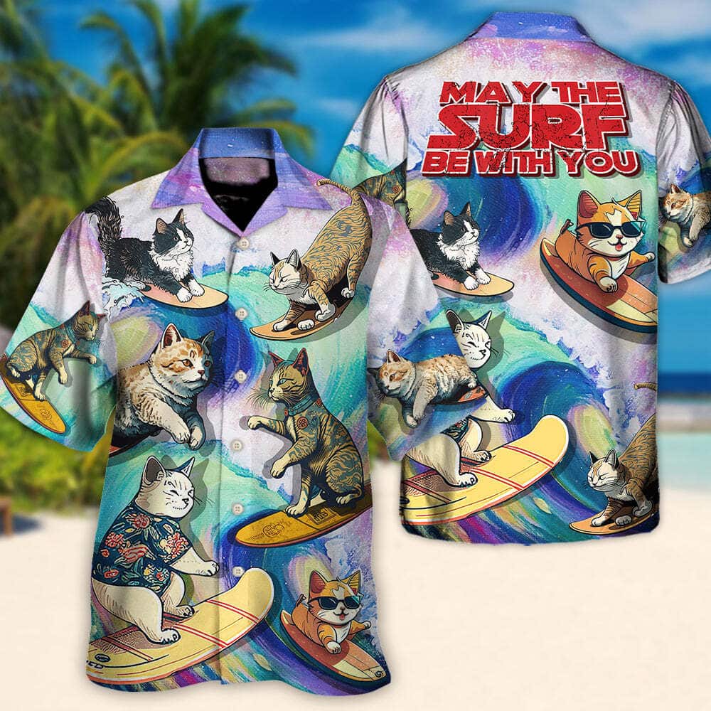 Surfing Funny Hawaiian Shirt Cat May The Surf Be With You Gift For Pet Lovers