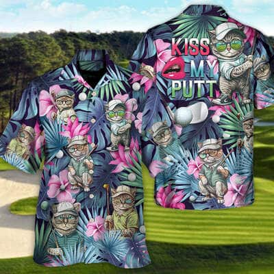 Aloha Funny Hawaiian Shirt Cat Playing Golf Kiss My Putt Tropical Palm Leaves Gift For Cat Lovers