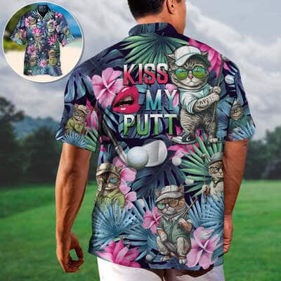 Aloha Funny Hawaiian Shirt Cat Playing Golf Kiss My Putt Tropical Palm Leaves Gift For Cat Lovers