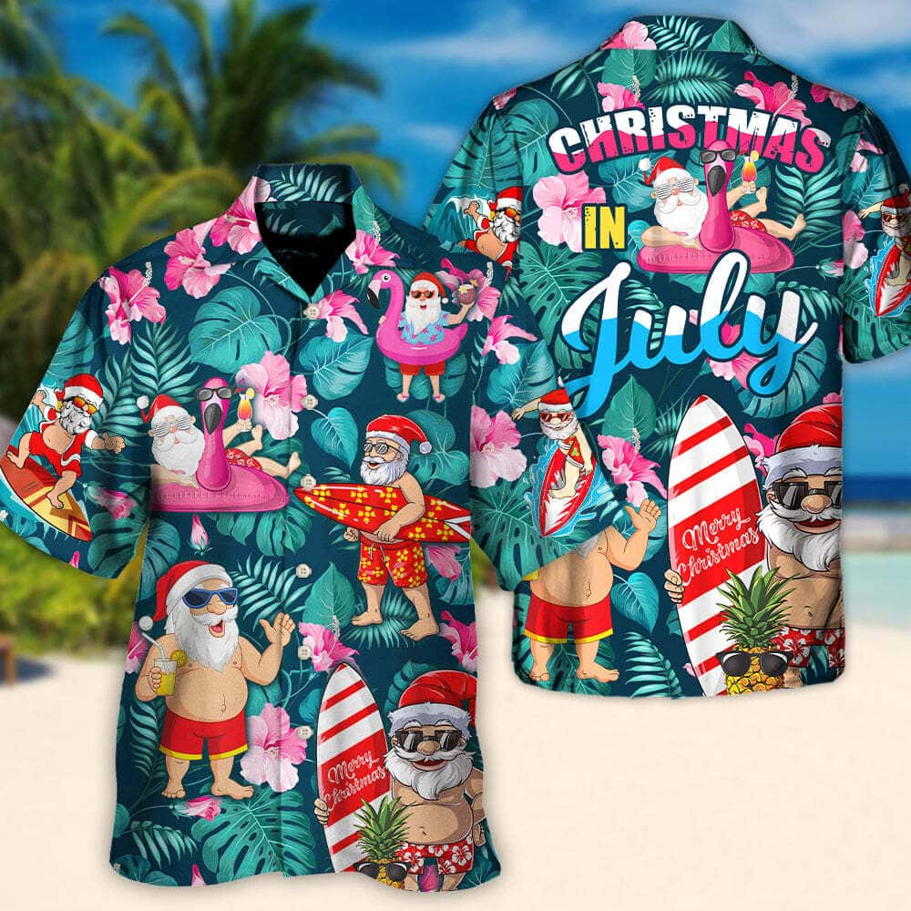Christmas In July Funny Hawaiian Shirt Santa Claus Tropical Style Summer Gift