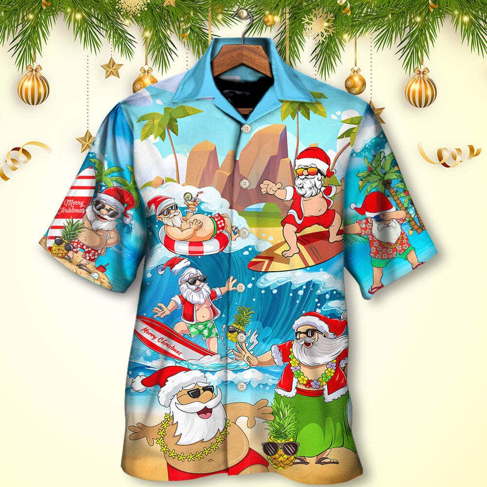 Christmas Funny Hawaiian Shirt Santa Claus Play On The Beach Gift For Beach Lovers