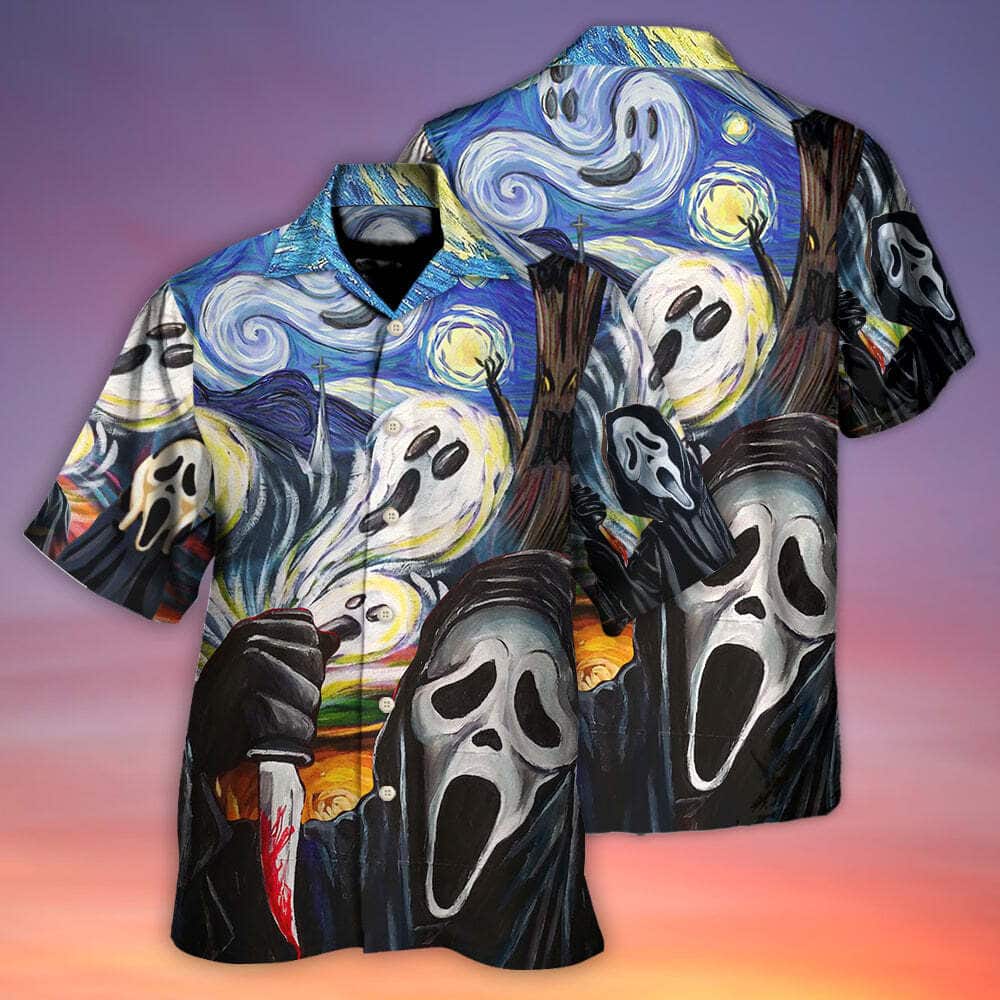 Halloween Funny Hawaiian Shirt Ghost Scream Starry Night Boo Art Style Gift For Friend