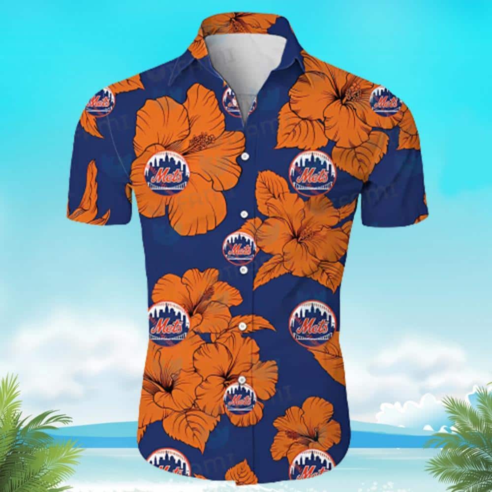 Summer Aloha MLB New York Mets Hawaiian Shirt Orange Hibiscus Gift For Beach Trip