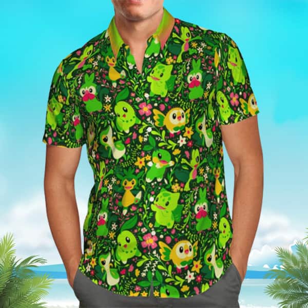 Green Pokemon Hawaiian Shirt Grass Type Beach Gift For Him
