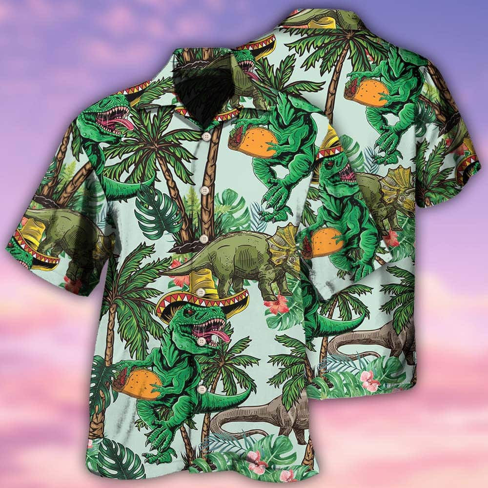 Funny Hawaiian Shirt Jurassic Park Dinosaur Tropical Tree Pattern Gift For Beach Trip