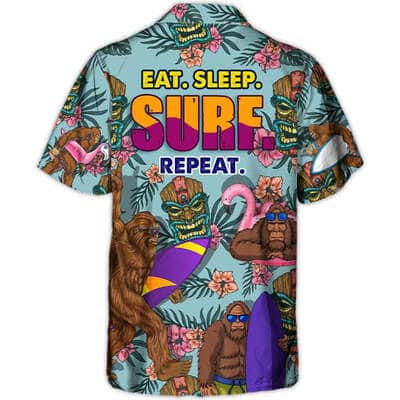 Funny Hawaiian Shirt Bigfoot Eat Sleep Surf Repeat Tropical Flower Pattern