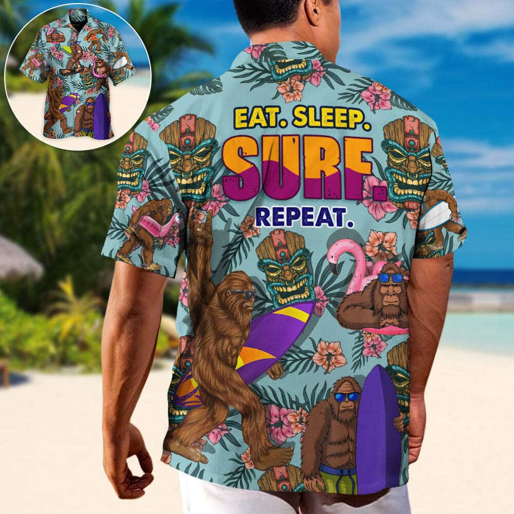 Funny Hawaiian Shirt Bigfoot Eat Sleep Surf Repeat Tropical Flower Pattern