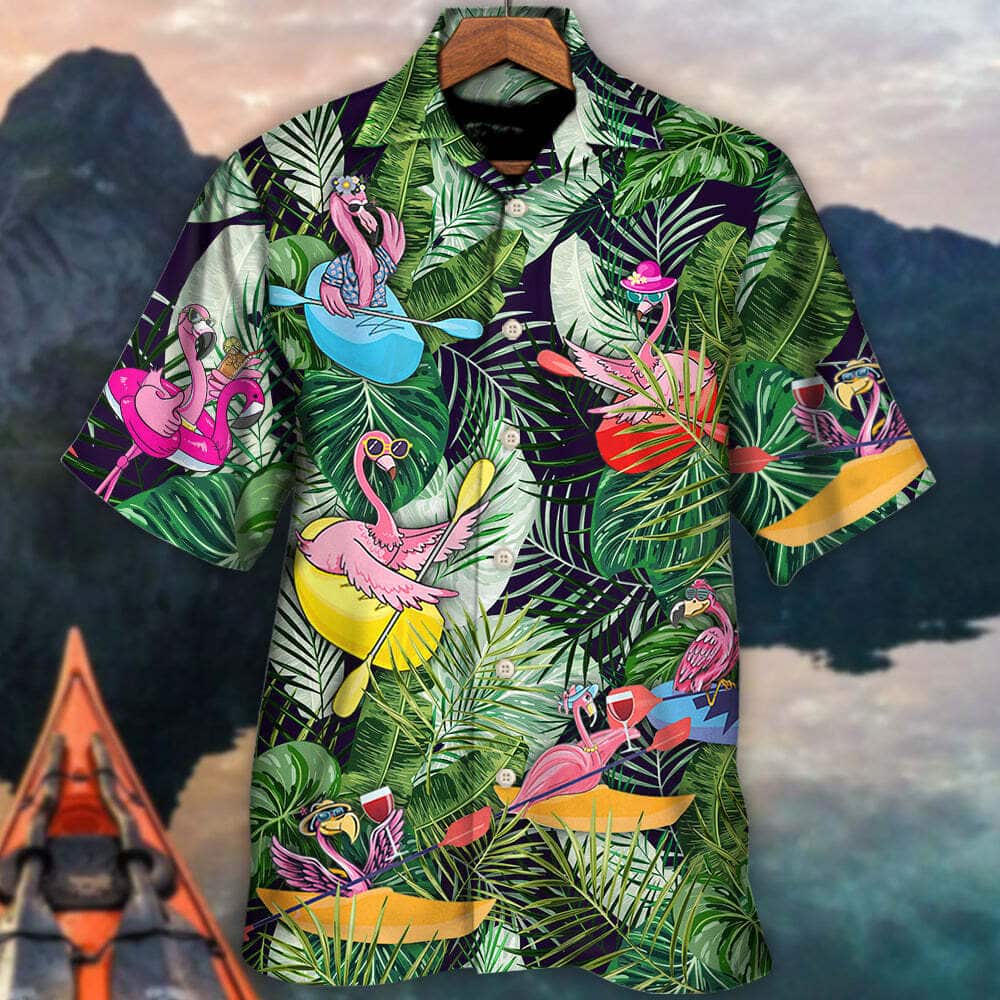 Funny Hawaiian Shirt Flamingo Playing Kayaking Just Add Water Palm Leaves Pattern