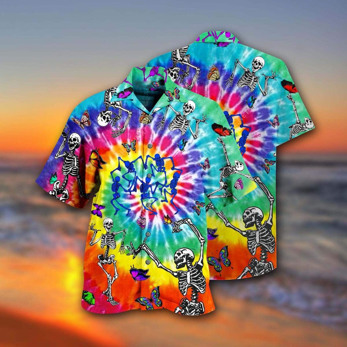 Hippie Skull Dancing With Butterfly Funny Hawaiian Shirt Gift For Best Friend