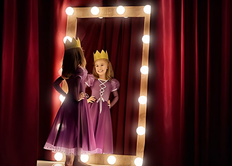 Cute little actress. The young girl in the princess costume on the background of the stage and mirror. Cute little actress. The young girl in the princess costume on the background of the stage and mirror.