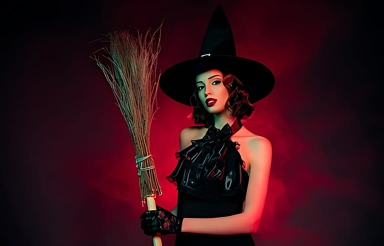 Photo of seductive tempting mystical woman wear sexy witch dress headwear holding broomstick isolated dark red color background