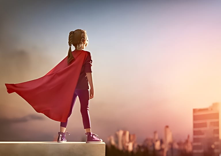 Little girl plays superhero. Children on the background of sunset sky. Girl power concept