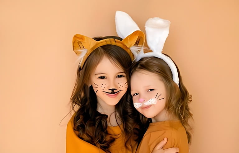 Children with painted faces in rabbit and tiger costumes are hugging and smiling sweetly. The old new year meets the new one. Stage animal costumes. Children with painted faces in rabbit and tiger costumes are hugging and smiling sweetly. The old new year meets the new one. Stage animal costumes.